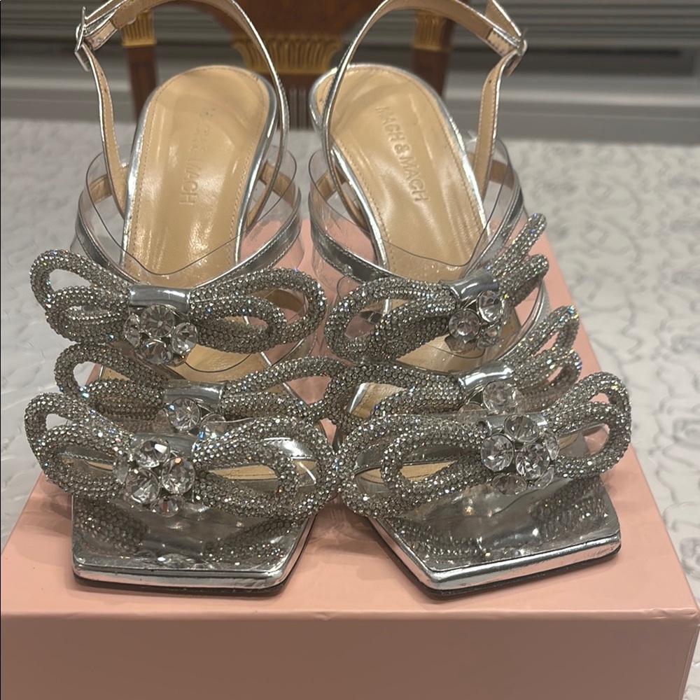 MACH & MACH Silver Heels with Rhinestone Bows 39.5